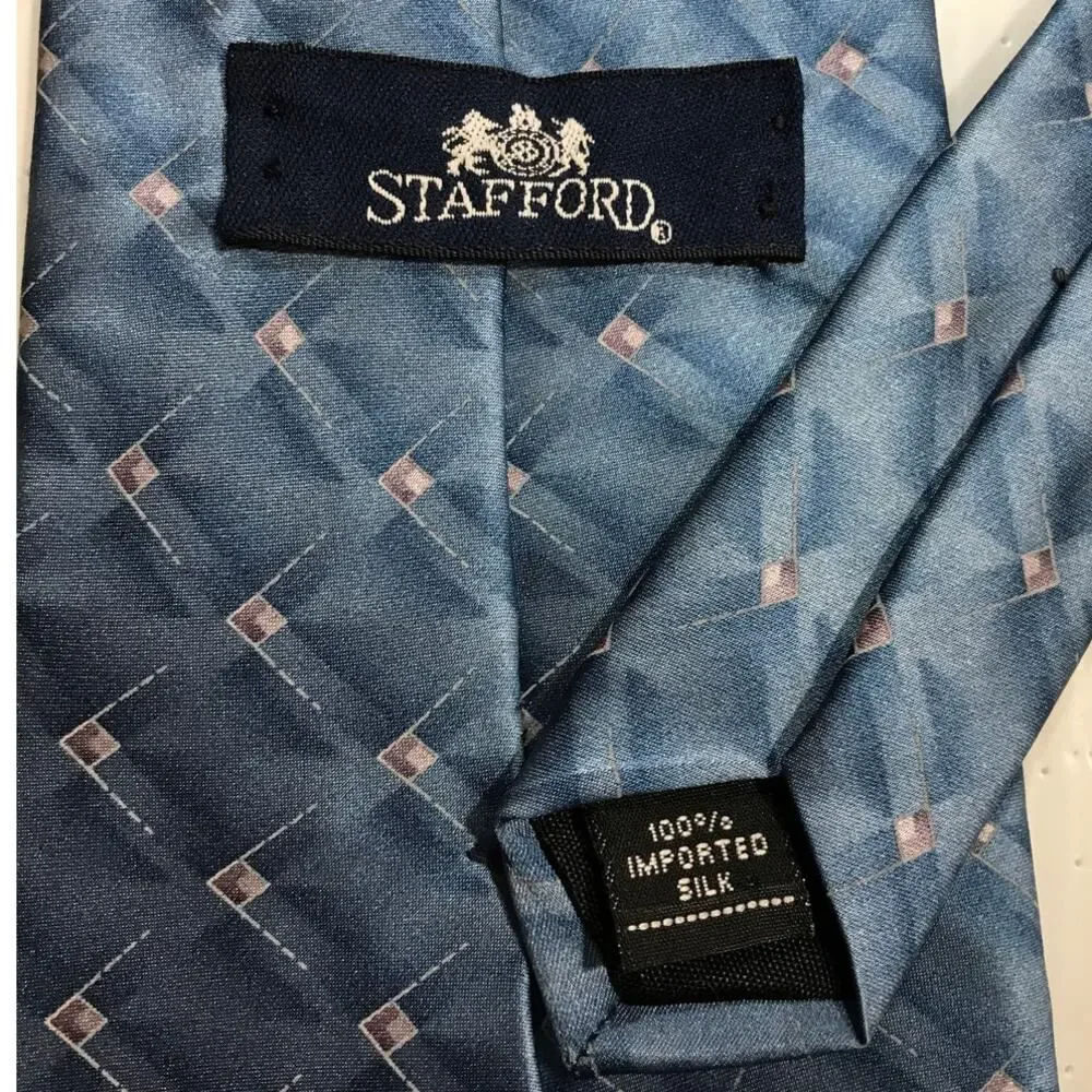 Stafford Silk Blue Geometric Pattern Wide Short Mens Necktie 59”